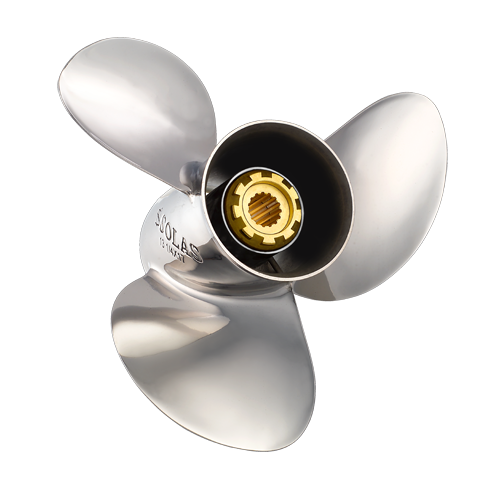 PowerTech Solas 3 Blade stainless steel boat propeller with hub, model Saturn 13x19, designed for marine propulsion.