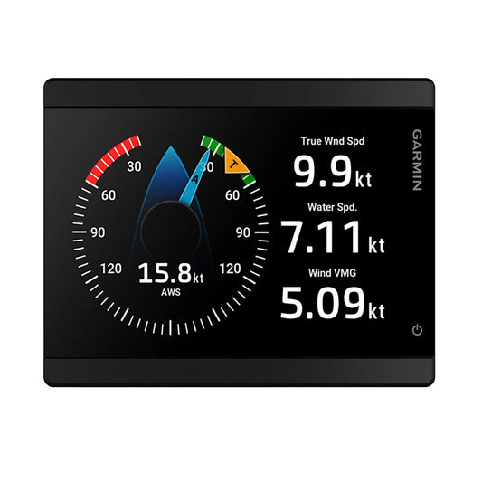Garmin GMI 40 marine instrument display showing digital readout and navigation data on a sleek black screen.