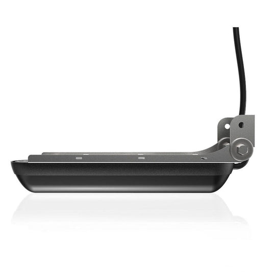 Simrad Active Imaging 3-in-1 transducer installed on a boat hull, showing sonar and imaging technology for marine fishing and navigation.