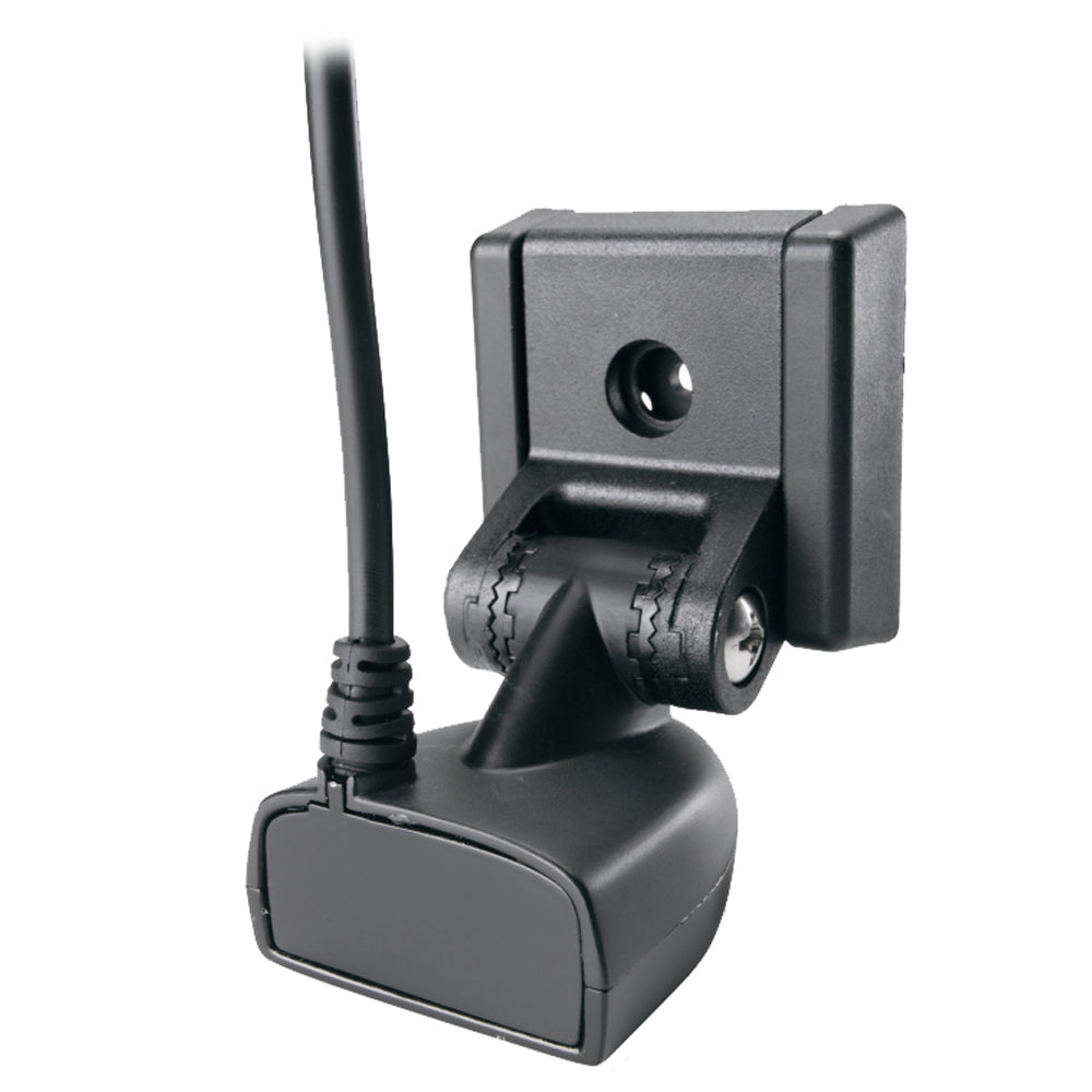 Humminbird XNT-9-28-T transom mount transducer for fish finders, shown attached to boat transom for sonar signals.