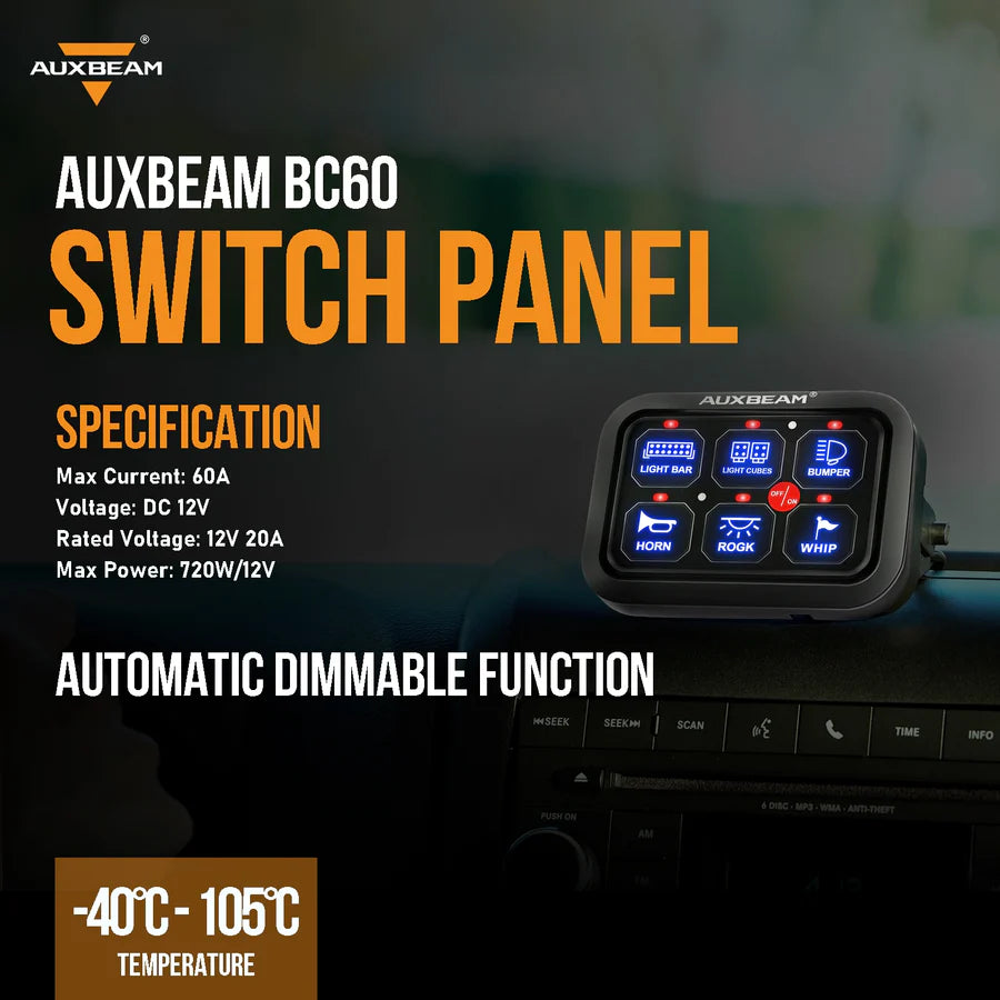 Auxbeam - 6 & 8 Gang LED Switch Panel, Off Road Light Controller (Blue)