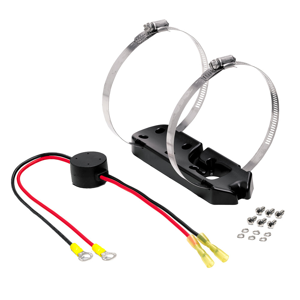 Humminbird MEGA DI+ trolling motor adapter bracket for transducer accessories, shown with mounting hardware and secure fit.
