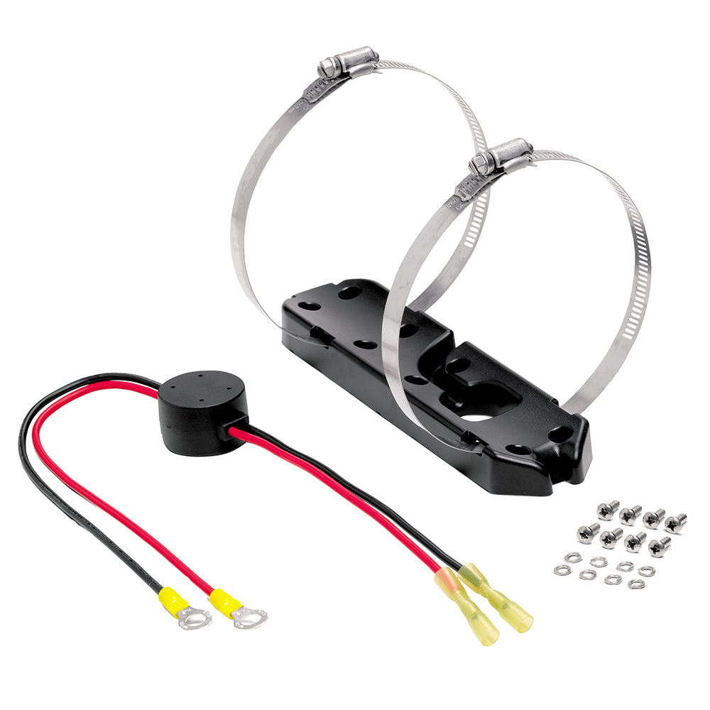 Humminbird MEGA SI+ trolling motor adapter bracket for transducer accessories, shown with mounting hardware and cable connection.