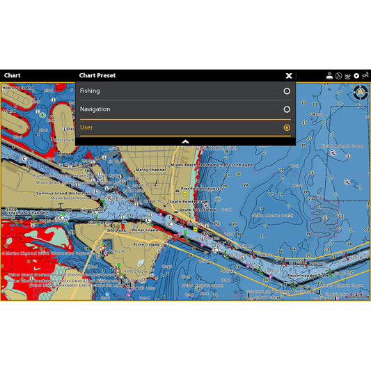 Humminbird Coastmaster nautical chart displayed on a screen, showing detailed marine navigation and coastal water information.
