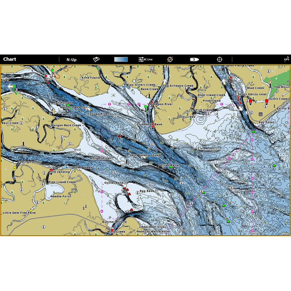 Humminbird Coastmaster nautical chart display with detailed marine navigation features on a bright screen.