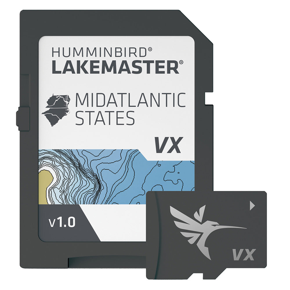 Humminbird LakeMaster VX map for Mid-Atlantic States showing detailed lake and waterway layouts on a fishing GPS display.