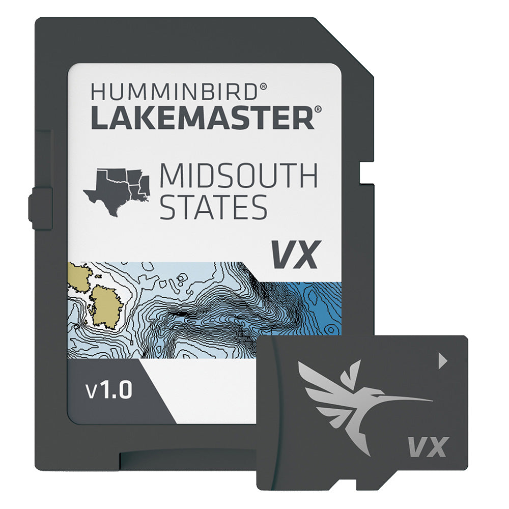 Humminbird LakeMaster VX map for Mid-South States, showing detailed lake and waterbody layouts on a colorful digital map.