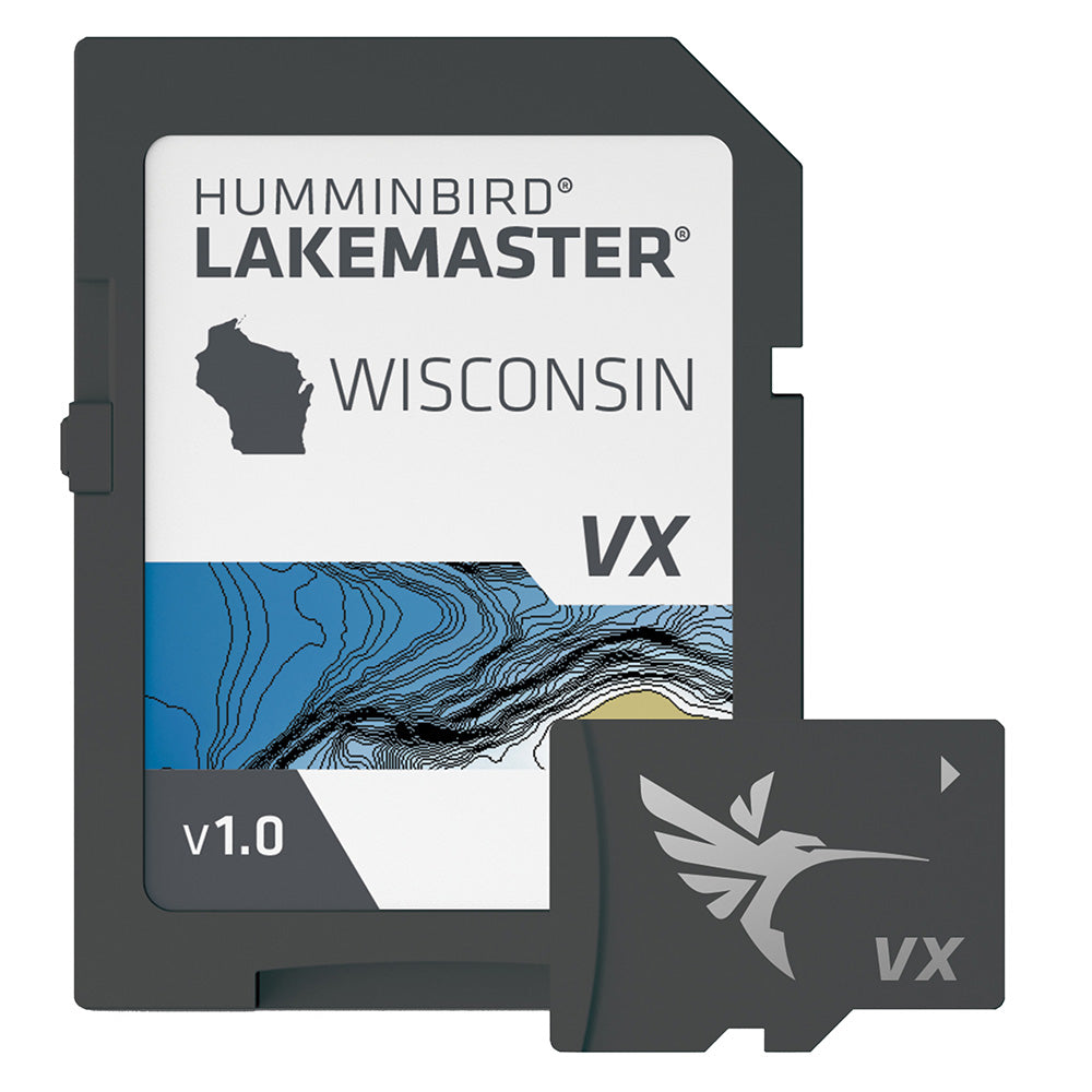 Humminbird LakeMaster VX Wisconsin map card showing detailed lake charts and geographic features for Wisconsin lakes.