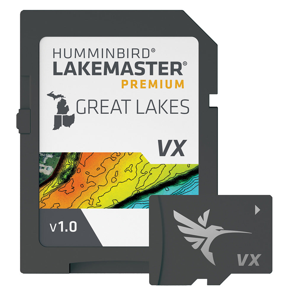 Humminbird LakeMaster VX Premium Great Lakes mapping card showing detailed lake charts and navigation features.