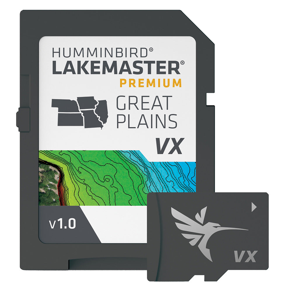 Humminbird LakeMaster VX Premium Great Plains map card with detailed lake and terrain data, suitable for Humminbird fish finders.