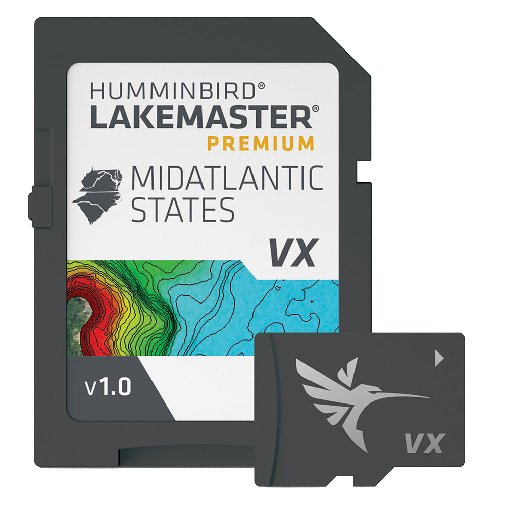 Humminbird LakeMaster VX Premium map for Mid-Atlantic States, showing detailed lake contours and water features.