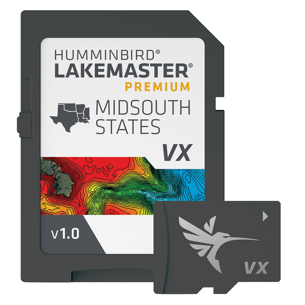 Humminbird LakeMaster VX Premium map for Mid-South States, showing detailed lake and river navigation features.