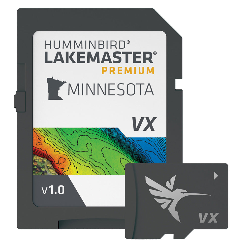 Humminbird LakeMaster VX Premium map for Minnesota showing detailed lake contours and geographic features on a screen.