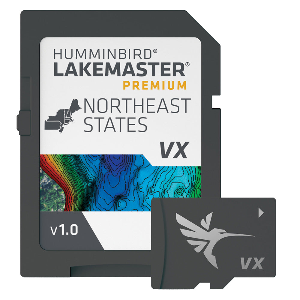 Humminbird LakeMaster VX Premium Northeast map card for fish finder, showing detailed lake charts and geographic features.