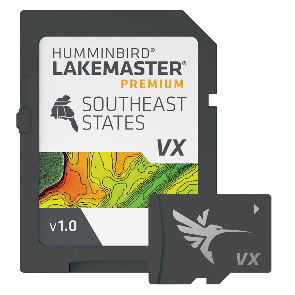 Humminbird LakeMaster VX Premium Southeast map card showing lake details and geographic features for Humminbird fish finders.