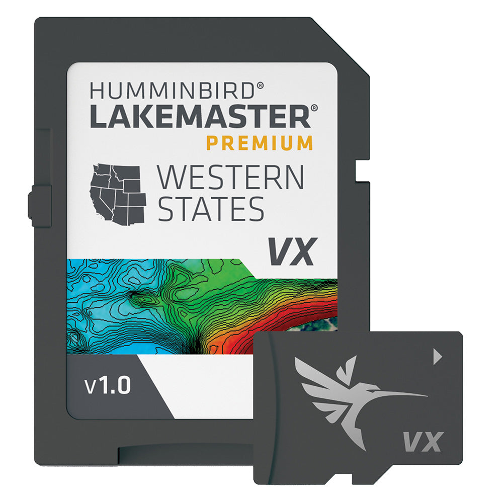 Humminbird LakeMaster VX Premium Western States map card for depth finder displays, showing detailed lake and waterway charts.