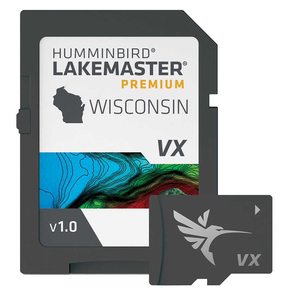 Humminbird LakeMaster VX Premium Wisconsin map card displaying detailed lake and region data for freshwater fishing.