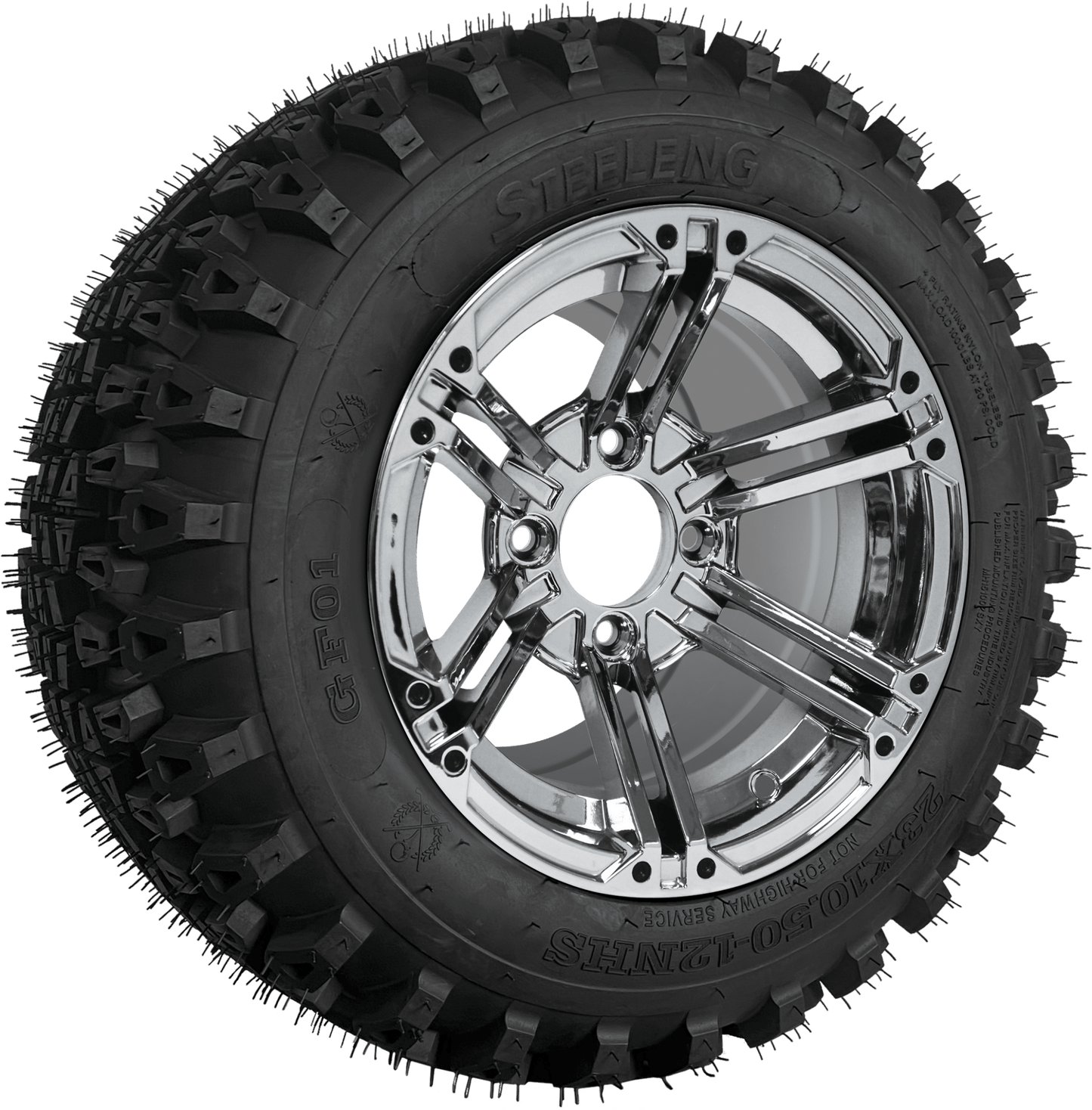 SGC 12″ Terminator Chrome Wheel – Aluminum Alloy / STEELENG 23″x10.5″-12″ QH All Terrain Tire (Set of 4)