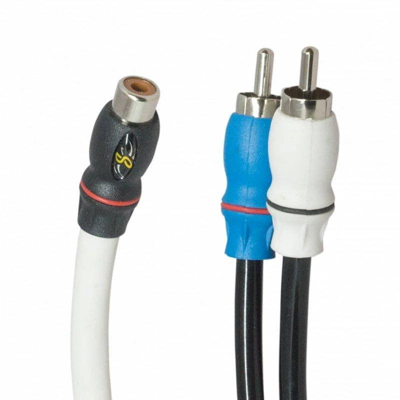 Stinger Marine waterproof RCA Y adapter with male connectors, used for marine powersport electronic audio connections.