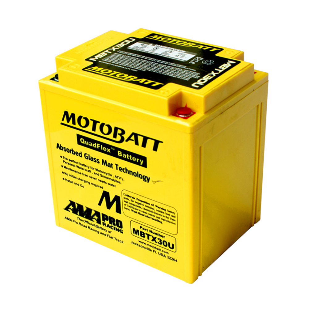 UTV Stereo MOTOBATT AGM Battery MBTX30U with top terminals and compact design for powersports vehicles.