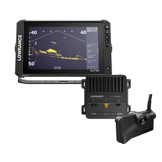 Lowrance Elite FS 12 fishfinder combo with ActiveTarget 2, no transducer, showing screen display and control panel.