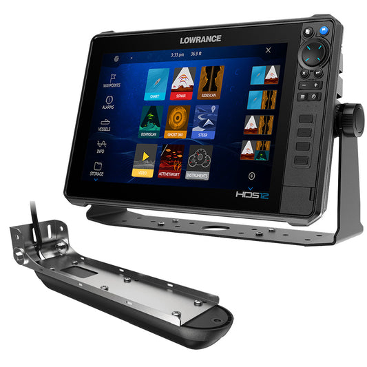 Lowrance HDS PRO 12 fishfinder combo with preloaded C-MAP Discover, Active Imaging 3-in-1 transom mount transducer on boat.