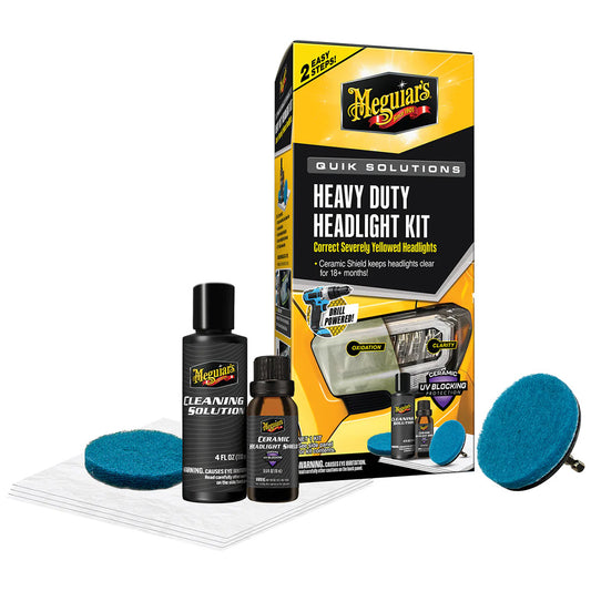 Meguiar's Quik Solutions Heavy Duty Headlight Cleaning Kit with polishing pads and solution for restoring clarity to vehicle headlights