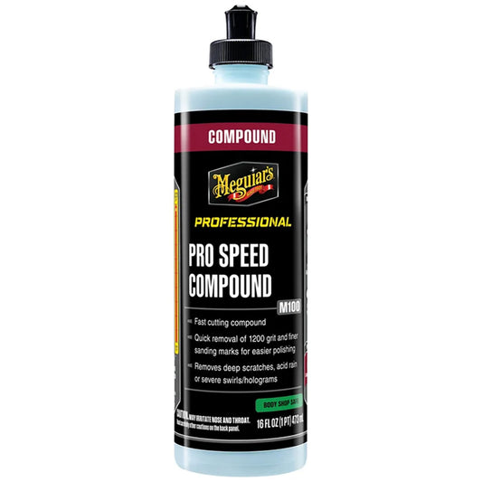 Meguiar's Professional Pro Speed Compound 16oz bottle for automotive cleaning and polishing, with a sleek white and red label.