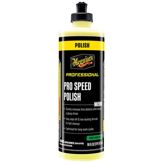 Meguiar's Professional Pro Speed Polish 16oz bottle for car cleaning and polishing on a clean surface.