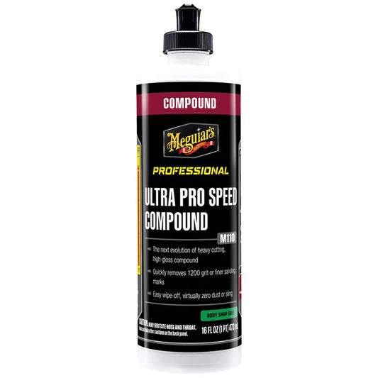 Meguiar's Ultra Pro Speed Compound 16oz bottle for automotive cleaning and polishing, featuring a white squeeze bottle with black cap.