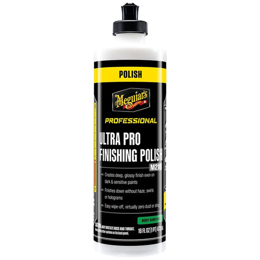 Meguiar's Ultra Pro Finishing Polish 16oz bottle for car cleaning and polishing, with a sleek label and pump dispenser.