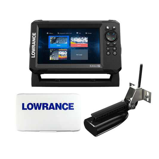 Lowrance Eagle 7 fishfinder combo with SplitShot transducer, inland charts, and suncover displayed on the device screen.
