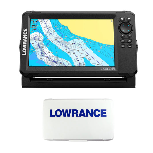 Lowrance Eagle Eye 9 Live fishfinder combo with T/M transducer and C-MAP inland charts, featuring a suncover for outdoor use.