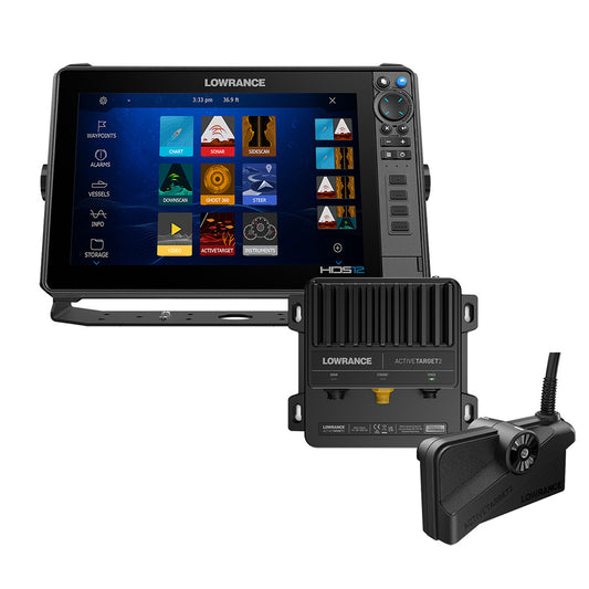 Lowrance HDS PRO 12 fishfinder and GPS combo with preloaded C-MAP DISCOVER OnBoard display showing mapping details.