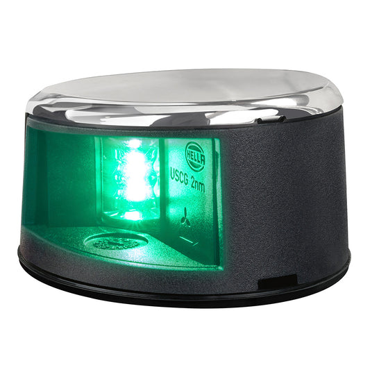 Hella Marine NaviLED Gen II starboard deck mount navigation lamp in stainless steel, showing the LED light and mounting base.