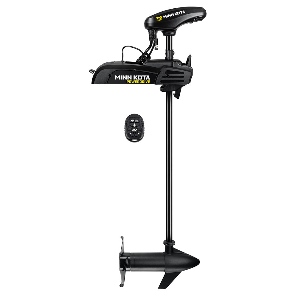 Minn Kota PowerDrive 55 trolling motor with 54-inch shaft, 55lb thrust, 12V battery, and micro remote control.