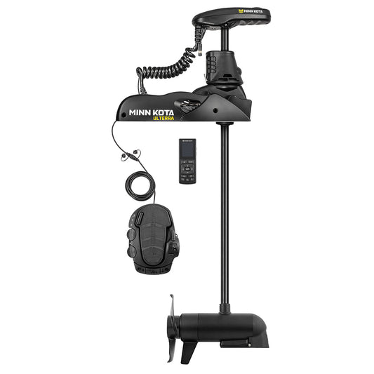 Minn Kota Ulterra 80 Trolling Motor with 80lb thrust, 45-inch shaft, wireless remote, mounted on a boat for fishing.