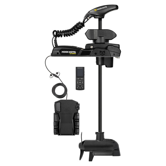Minn Kota Ulterra QUEST 90/115 trolling motor with 115lb thrust, 45-inch shaft, wireless remote, mounted on a boat.