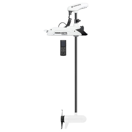 Minn Kota Riptide Terrova 112 trolling motor with 36V, 112lb thrust, 72-inch shaft, wireless remote, mounted on a boat.