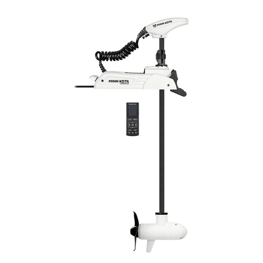 Minn Kota Riptide Terrova trolling motor with 115 lb thrust, 45-inch shaft, wireless remote, for freshwater fishing boats.