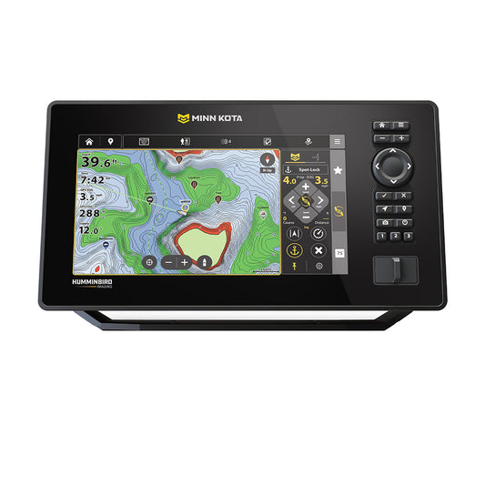 Minn Kota X9 CHO VX 9-inch GPS and fishfinder combo display showing navigational maps and fish detection interface.