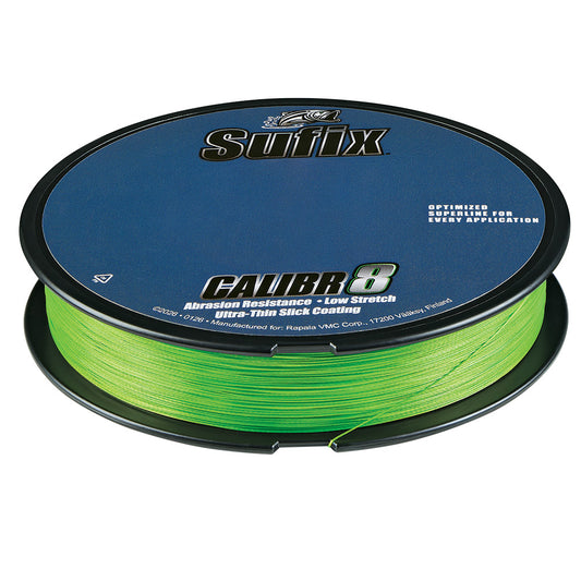 Sufix Calibr8 Braid fishing line in neon lime, 150 yards, 30 lb test, shown coiled with a focus on bright color and braided texture.