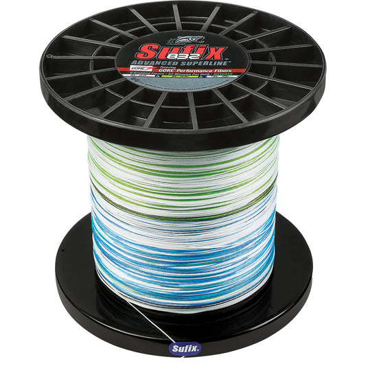 Sufix 832 Advanced Superline fishing line spool in white, neon lime, and blue, 3000 yards, 130lb test, lines and leaders.