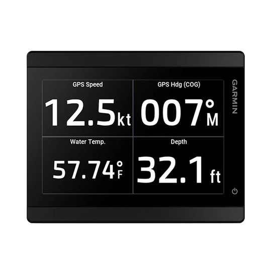 Garmin GMI 40 marine instrument display showing digital readout of boat speed and depth on a black background.