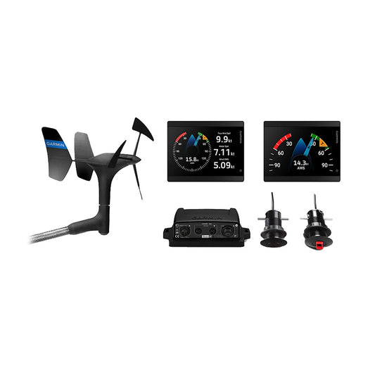 Garmin GMI 40 Wired Sail Pack with two marine instruments and transducers, including gWind Wired GDT 43 and GST 43.