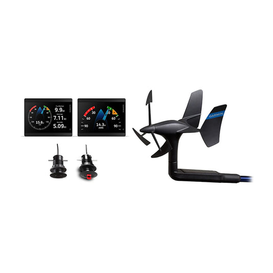 Garmin GMI 40 Wired Sail Pack with two marine instruments and gWind Wireless 2, featuring 43mm displays for sailing navigation.