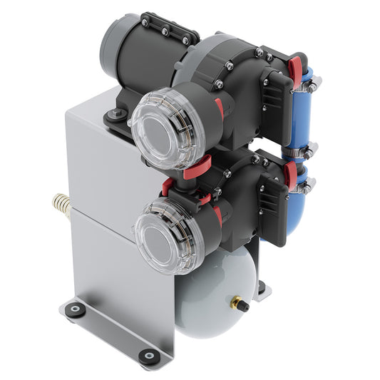 Johnson Pump Aqua Jet II Duo 2L washdown pressure pump with 12V motor and 10.4 GPM flow rate, featuring durable design and compact size.