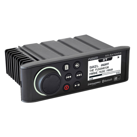 Remanufactured Fusion MS-RA70NSX stereo with AM/FM, Bluetooth, SiriusXM, and 2-zone audio display in a boat or vehicle interior.