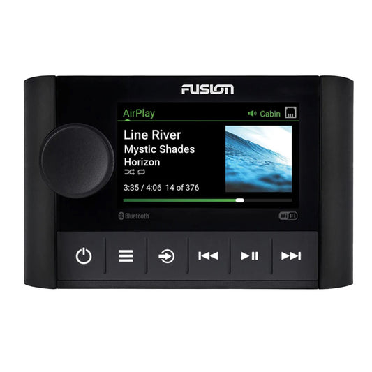 Fusion Apollo MS-SRX400 stereo with AM/FM radio, Bluetooth, single zone control, and digital signal processing, remanufactured unit.