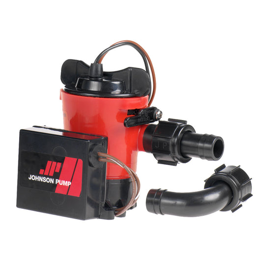 Johnson Pump 500 GPH auto bilge pump with 3/4" hose and 12V power, featuring durable port for boat bilge water removal.